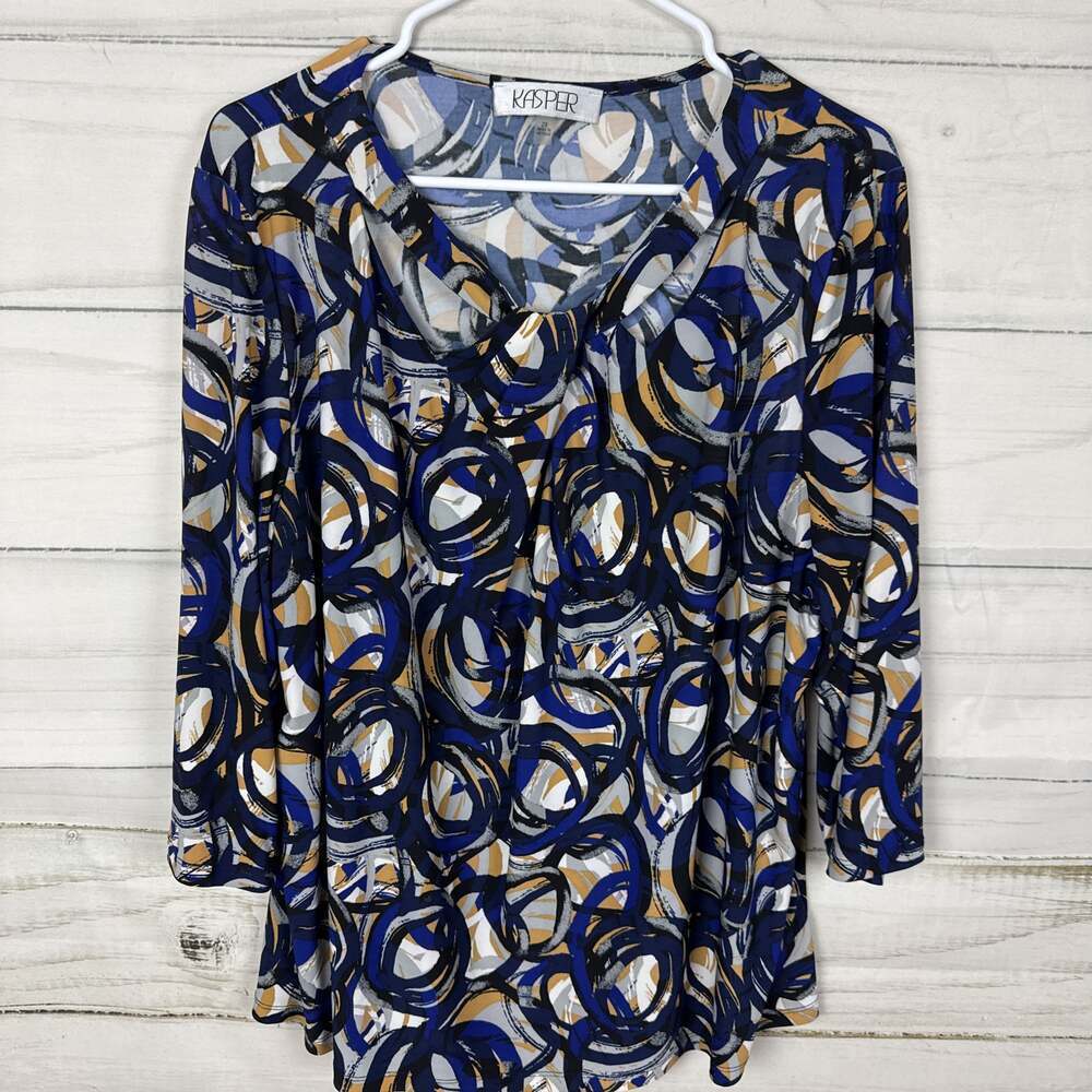 KASPER  Women's Abstract Print Poncho Overlay Blouse Blue and Neutral A-6